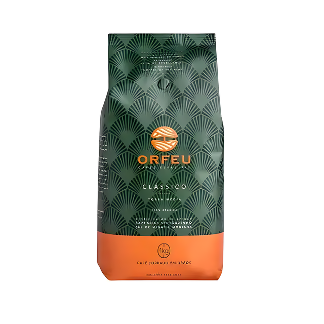 Orfeu Classic Whole Bean Coffee – 35.27 oz (1 Kg) – A premium bag of Orfeu Classic Whole Bean Coffee, showcasing its elegant design and 'Café em Grãos' label. – Buy now at MKPBR.COM – Worldwide Shipping