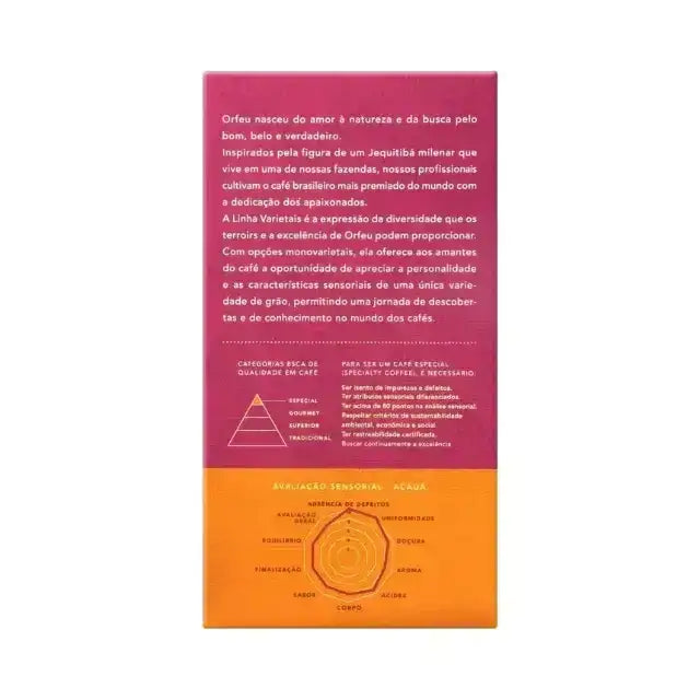 Orfeu Acauã Ground Coffee – The front view of the Orfeu Acauã Ground Coffee packaging, clearly displaying the 250g weight and 'Acauã Varietal'. – Buy now at MKPBR.COM – Worldwide Shipping
