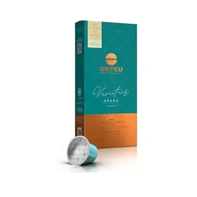 Orfeu Arara Nespresso Compatible Coffee Capsules – The front view of the Orfeu Arara capsule packaging, clearly displaying the 10-count and Nespresso®* compatibility. – Buy now at MKPBR.COM – Worldwide Shipping