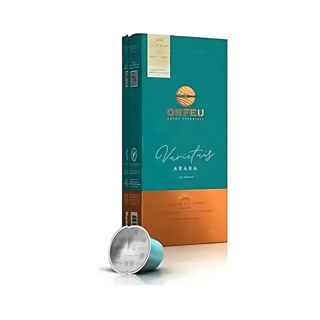 Orfeu Arara Nespresso Compatible Coffee Capsules – The front view of the Orfeu Arara capsule packaging, clearly displaying the 10-count and Nespresso®* compatibility. – Buy now at MKPBR.COM – Worldwide Shipping