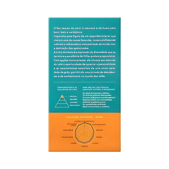 Orfeu Arara Ground Coffee – The back view of the Orfeu Arara Ground Coffee packaging, clearly displaying the 250g weight and 'Arara Varietal'. – Buy now at MKPBR.COM – Worldwide Shipping