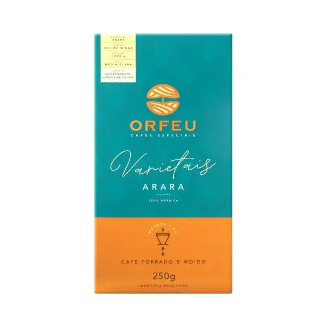 Orfeu Arara Ground Coffee – The front view of the Orfeu Arara Ground Coffee packaging, clearly displaying the 250g weight and 'Arara Varietal'. – Buy now at MKPBR.COM – Worldwide Shipping