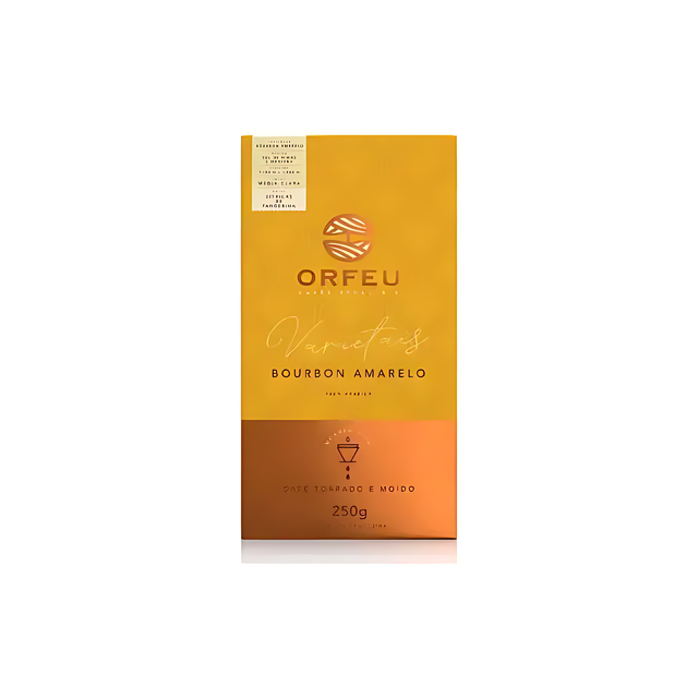 Orfeu Bourbon Amarelo Ground Coffee – The front view of the Orfeu Bourbon Amarelo 250g package - Orfeu Gourmet Bourbon Amarelo ground 250g - Buy now at mkpbr.com, worldwide shipping