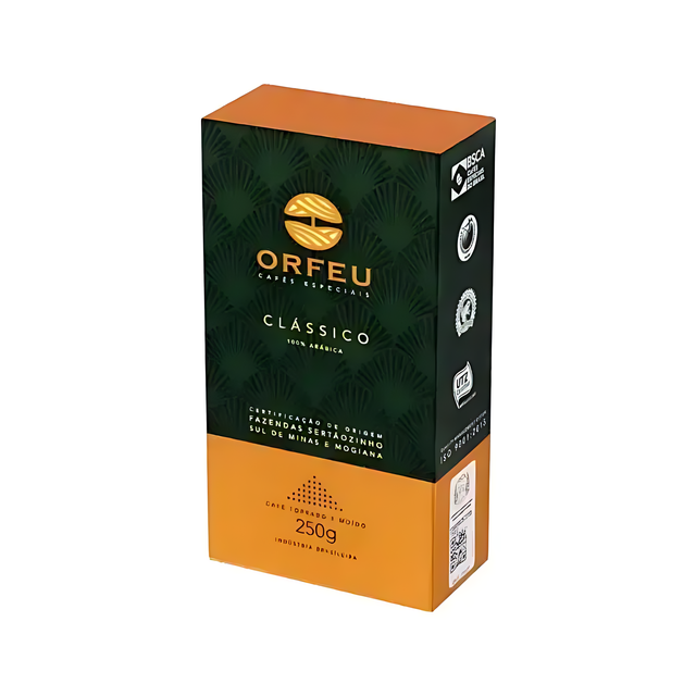 Orfeu Classic Ground Coffee – 100% Arabica, Floral, Fruity & Caramel Notes, Medium Roast – 8.82 oz (250g) – A minimalist studio shot of the Orfeu Classic Ground Coffee package, highlighting its sophisticated design and premium quality. – Buy now at MKPBR.COM – Worldwide Shipping