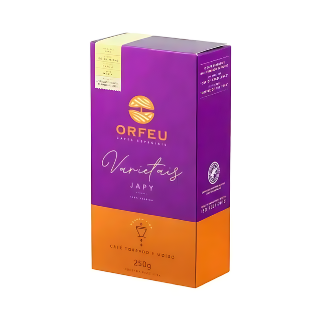 Orfeu Japy Ground Coffee  – The front view of the Orfeu Japy Ground Coffee package, highlighting the premium design and Arabica certification.