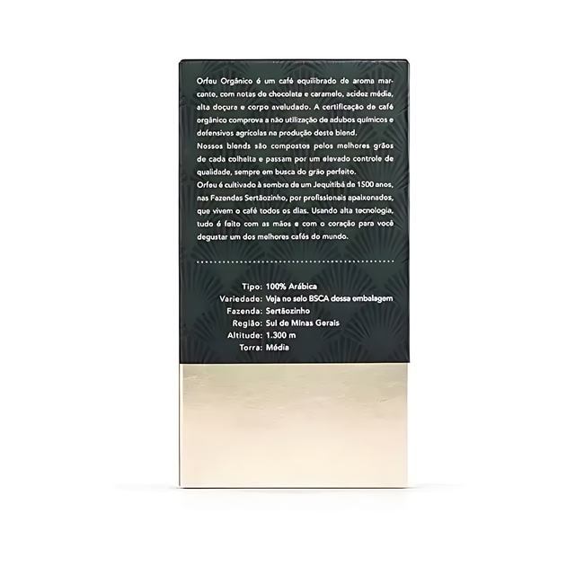 Orfeu Organic Ground Coffee – 100% Arabica, Chocolate & Caramel Notes, Medium Roast – 8.82 oz (250g) – The back view of the Orfeu Organic Ground Coffee packaging, clearly displaying the 250g weight and the 'Orgânico' designation. – Buy now at MKPBR.COM – Worldwide Shipping