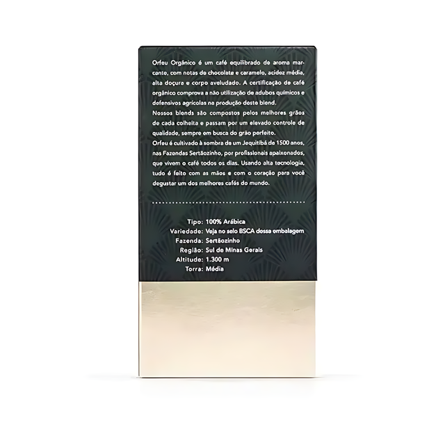 Orfeu Organic Ground Coffee – 100% Arabica, Chocolate & Caramel Notes, Medium Roast – 8.82 oz (250g) – The back view of the Orfeu Organic Ground Coffee packaging, clearly displaying the 250g weight and the 'Orgânico' designation. – Buy now at MKPBR.COM – Worldwide Shipping