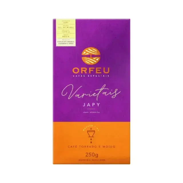 Orfeu Japy Ground Coffee- A vibrant package of Orfeu Japy Ground Coffee, highlighting its distinctive branding and 'Japy Varietal' label. – Buy now at MKPBR.COM – Worldwide Shipping

