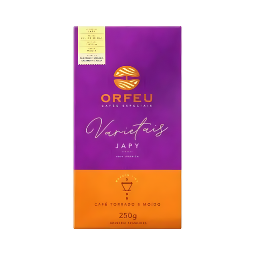 Orfeu Japy Ground Coffee- A vibrant package of Orfeu Japy Ground Coffee, featuring its distinctive design and 100% Arabica label. This 250g bag showcases the coffee's Brazilian origins, highlighting its rich flavor profile of dark chocolate, chestnut, and hazelnut notes.