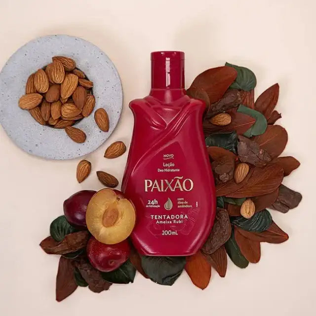 Paixão Tentadora Ameixa Rubi Deodorant Hydrating Body Lotion 200ml with Almond Oil – flatlay with plums and almonds, fruity feminine scent – Buy now at MKPBR.COM – Worldwide Shipping