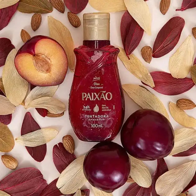 Paixão Tentadora Ameixa Rubi Deodorant Hydrating Body Oil 100ml with Almond Oil – flatlay with plums and almonds, fruity feminine scent – Buy now at MKPBR.COM – Worldwide Shipping