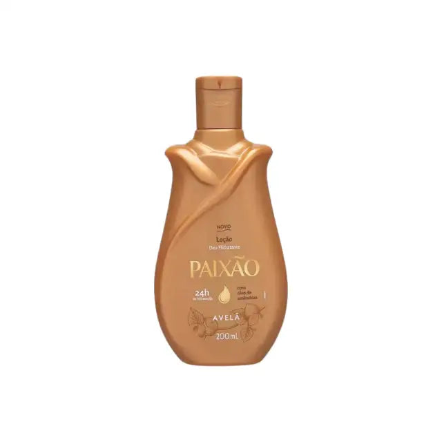  Paixão Avelã Hydrating Body Lotion bottle with almond oil and hazelnut icon, showcasing front label Buy now at MKPBR.COM – Worldwide Shipping