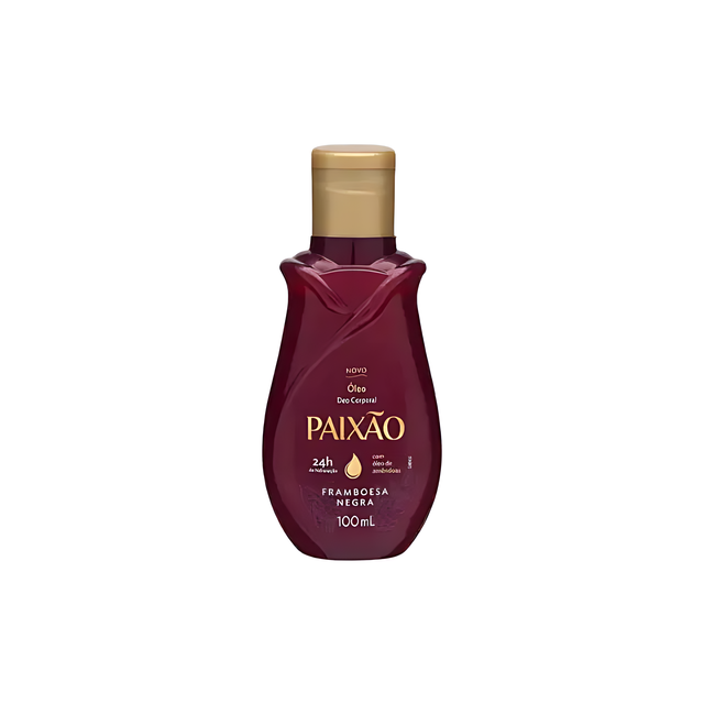Paixão Black Raspberry deodorant body oil, 3.38 fl oz (100 mL), front label. Buy now at MKPBR.COM – Worldwide Shipping