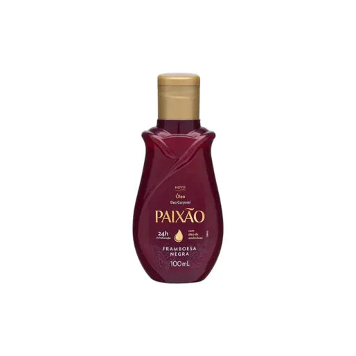 Paixão Black Raspberry deodorant body oil, 3.38 fl oz (100 mL), front label. Buy now at MKPBR.COM – Worldwide Shipping
