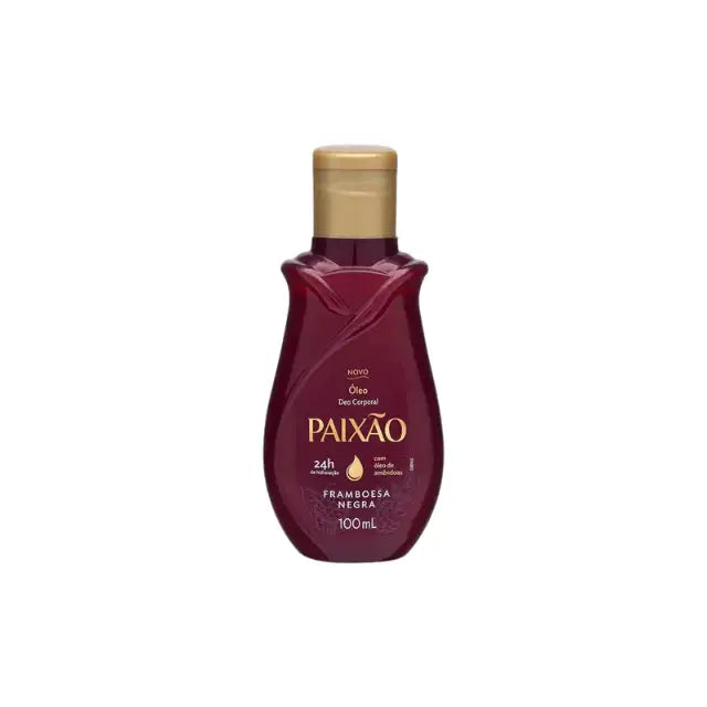 Paixão Black Raspberry deodorant body oil, 3.38 fl oz (100 mL), front label. Buy now at MKPBR.COM – Worldwide Shipping