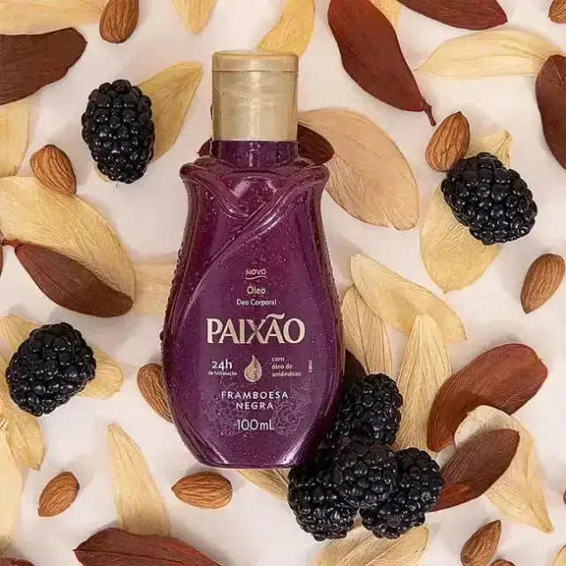 Paixão Black Raspberry deodorant body oil flat lay, studio background. Buy now at MKPBR.COM – Worldwide Shipping