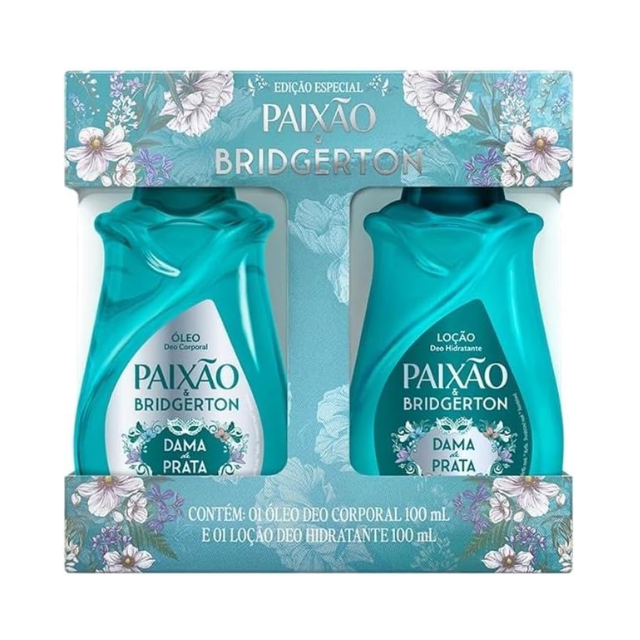 Paixão & Bridgerton Dama de Prata (The Lady in Silver) gift box with 100ml body oil and 100ml body lotion – Buy now at MKPBR.COM – Worldwide Shipping