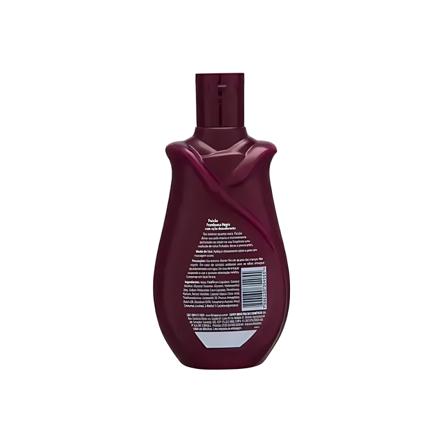 Paixão Framboesa Negra Hydrating Deodorant Lotion with Almond Oil – 24H Intense Moisture, 6.76 oz (200 mL) – Elegant dark plum bottle, clearly displaying the back label and barcode – Buy now at MKPBR.COM – Worldwide Shipping