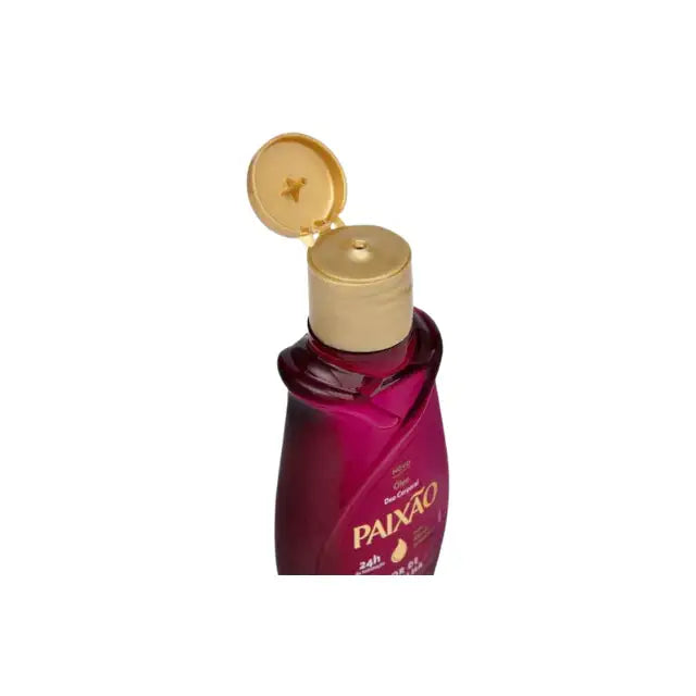 Gold flip-top cap open on Paixão Flor de Baunilha body oil bottle, neck and opening detail. Buy now at MKPBR.COM – Worldwide Shipping