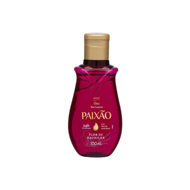 Paixão Flor de Baunilha body oil 100 mL front view on white; label notes 24h hydration and almond oil. Buy now at MKPBR.COM – Worldwide Shipping