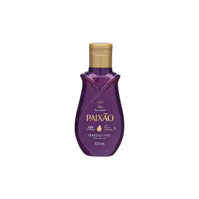 Paixão Irresistível Flor de Lis Body Oil 100 mL, elegant purple bottle with gold cap, front view on a clean background – Buy now at MKPBR.COM – Worldwide Shipping