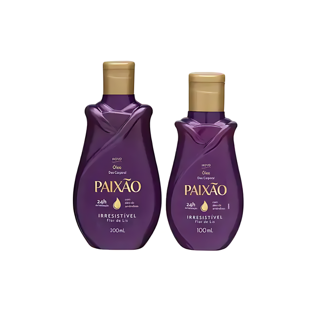 Paixão Irresistível Flor de Lis Body Oil in both 200 mL and 100 mL sizes, side-by-side for clear comparison – Buy now at MKPBR.COM – Worldwide Shipping