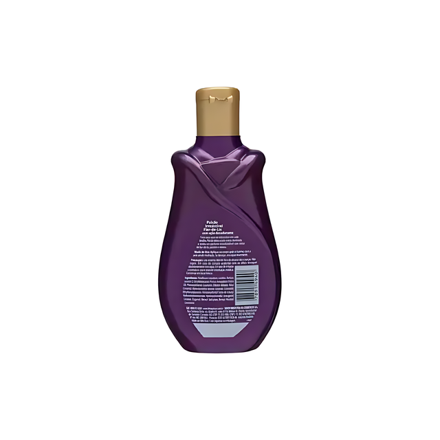 Back label of Paixão Irresistível Flor de Lis Body Oil 200 mL bottle, detailing ingredients, "Óleo Deo Corporal," and usage – Buy now at MKPBR.COM – Worldwide Shipping
