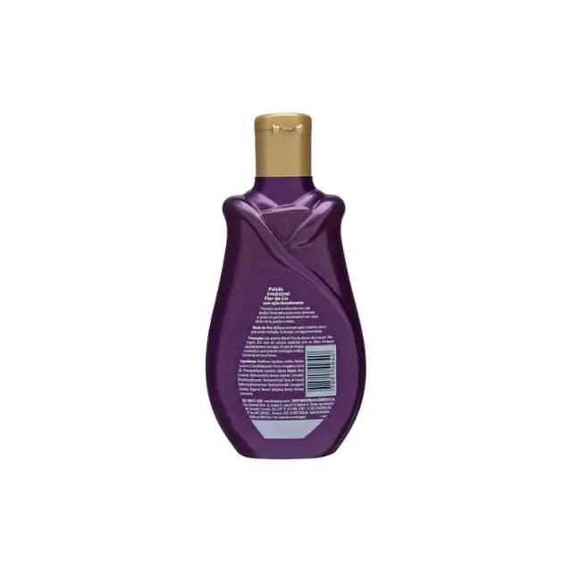 Back label of Paixão Irresistível Flor de Lis Body Oil 200 mL bottle, detailing ingredients, "Óleo Deo Corporal," and usage – Buy now at MKPBR.COM – Worldwide Shipping