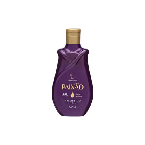 Paixão Irresistível Flor de Lis Body Oil 200 mL, elegant purple bottle with gold cap, front view on a clean background – Buy now at MKPBR.COM – Worldwide Shipping