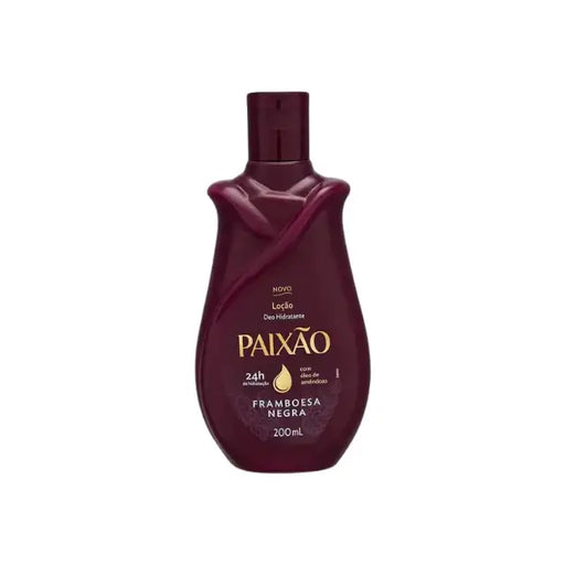  Paixão Framboesa Negra Hydrating Deodorant Body Lotion with Almond Oil – 24H Intense Moisture, 6.76 oz (200 mL) – Front view of the distinctive dark plum bottle on a white background – Buy now at MKPBR.COM – Worldwide Shipping