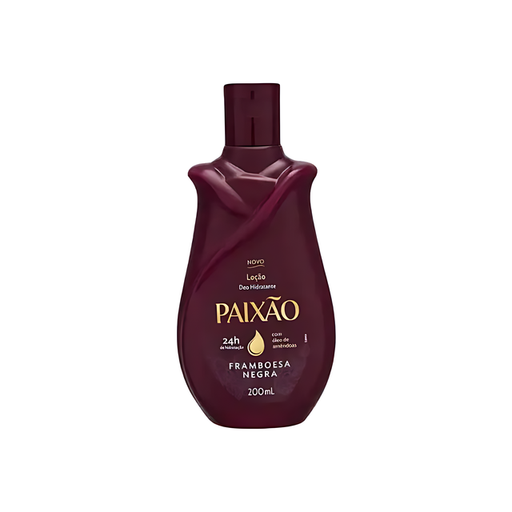  Paixão Framboesa Negra Hydrating Deodorant Body Lotion with Almond Oil – 24H Intense Moisture, 6.76 oz (200 mL) – Front view of the distinctive dark plum bottle on a white background – Buy now at MKPBR.COM – Worldwide Shipping