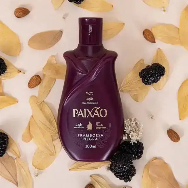 Paixão Framboesa Negra Hydrating Deodorant Body Lotion with Almond Oil – 24H Intense Moisture, 6.76 oz (200 mL) – Flat lay with fresh blackberries, almonds, and dried foliage, emphasizing natural ingredients – Buy now at MKPBR.COM – Worldwide Shipping
