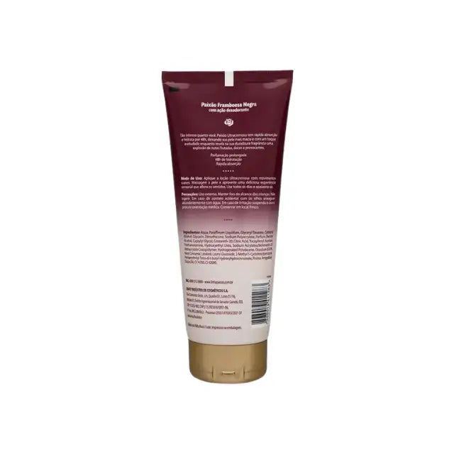 Back of Paixão Framboesa Negra ultra-creamy deodorant moisturizing lotion tube showing ingredients and usage information in Portuguese, Buy now at MKPBR.COM – Worldwide Shipping