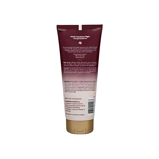 Back of Paixão Framboesa Negra ultra-creamy deodorant moisturizing lotion tube showing ingredients and usage information in Portuguese, Buy now at MKPBR.COM – Worldwide Shipping