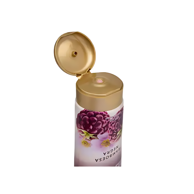Open gold flip-top cap of Paixão Framboesa Negra ultra-creamy deodorant moisturizing lotion tube showing the dispenser opening. Buy now at MKPBR.COM – Worldwide Shipping