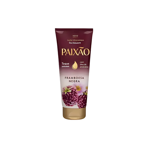 Paixão Framboesa Negra ultracreamy deodorant moisturizing lotion tube; black raspberry artwork, gold details, velvety touch. Buy now at MKPBR.COM – Worldwide Shipping