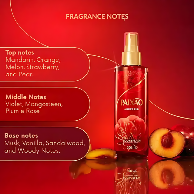 Paixão Body Splash with harmonious blend of strawberry, violet, and vanilla for a balanced aroma.– Buy now at MKPBR.COM – Worldwide Shipping