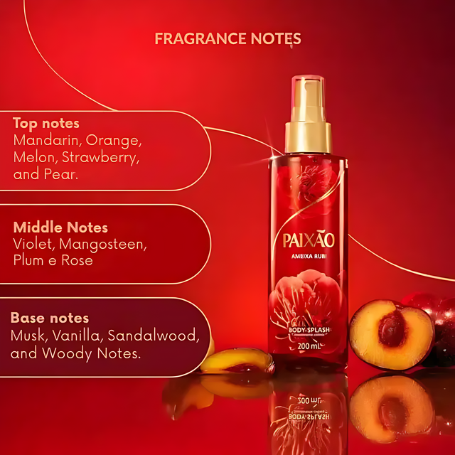 Paixão Body Splash with harmonious blend of strawberry, violet, and vanilla for a balanced aroma.– Buy now at MKPBR.COM – Worldwide Shipping
