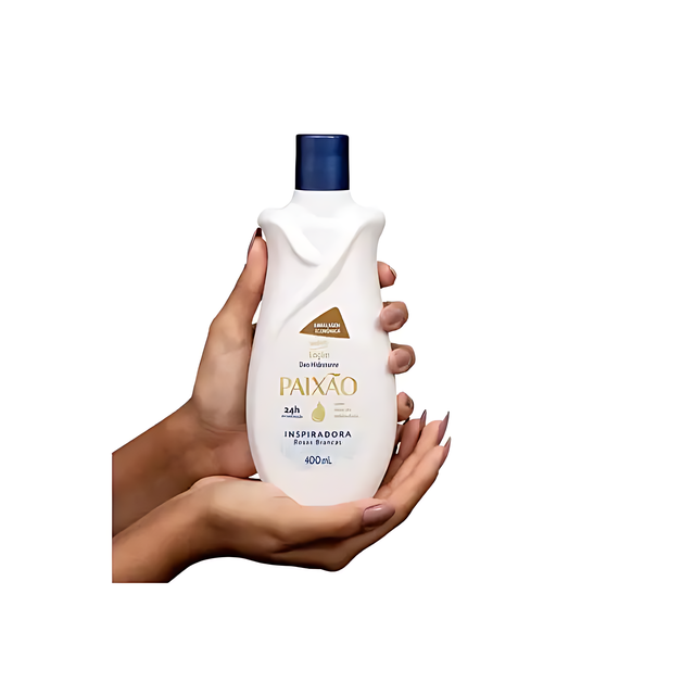 Paixão Inspiradora White Roses Moisturizing Body Lotion with Almond Oil, 13.53 oz (400 mL) - Gentle lotion bottle held, suitable for all skin types, deeply nourishing and soft – Buy now at MKPBR.COM – Worldwide Shipping