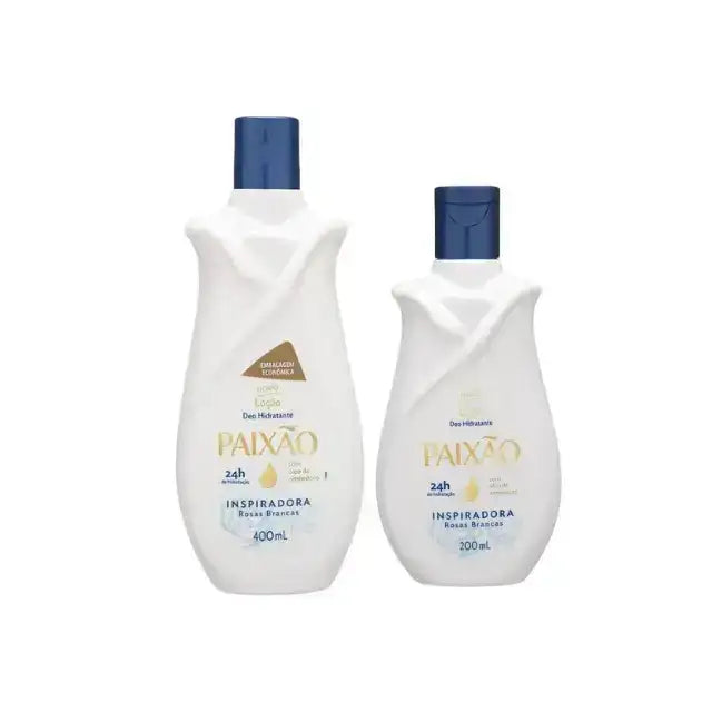 Paixão Inspiring White Roses deodorant body lotion, 200mL and 400mL bottle comparasion. Buy now at MKPBR.COM – Worldwide Shipping