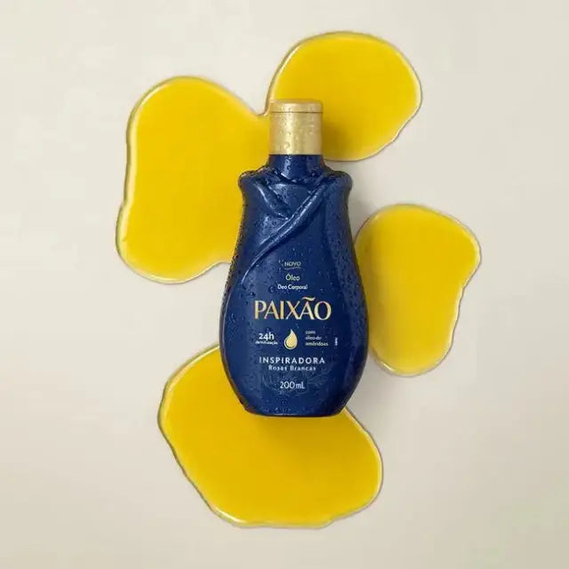 Paixão Inspiring White Roses body oil, 6.76 fl oz (200 mL), almond oil showcase. Buy now at MKPBR.COM – Worldwide Shipping