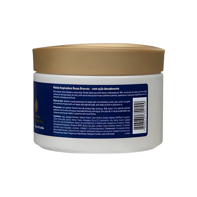 Back label of Paixão Inspiradora Rosas Brancas body cream, showing ingredients and usage instructions — Buy now at MKPBR.COM – Worldwide Shipping