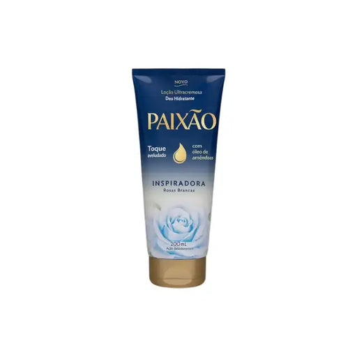 Paixão Inspiradora Rosas Brancas ultra-creamy deo hydrating lotion with almond oil, 200ml front bottle, isolated on a white background. Buy now at MKPBR.COM – Worldwide Shipping