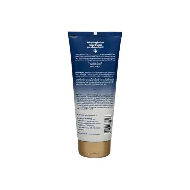 Back of Paixão Inspiradora Rosas Brancas ultra‑creamy deo hydrating body lotion 200ml showing ingredients, usage directions and claims in Portuguese. Buy now at MKPBR.COM – Worldwide Shipping