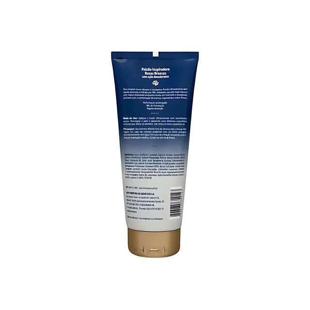 Back of Paixão Inspiradora Rosas Brancas ultra‑creamy deo hydrating body lotion 200ml showing ingredients, usage directions and claims in Portuguese. Buy now at MKPBR.COM – Worldwide Shipping