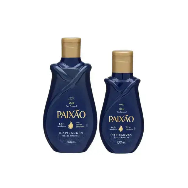Paixão Inspiradora Rosas Brancas deodorant body oil, 3.38 fl oz (100 mL) and 6.76 fl oz (200 mL) bottle comparasion. Buy now at MKPBR.COM – Worldwide Shipping