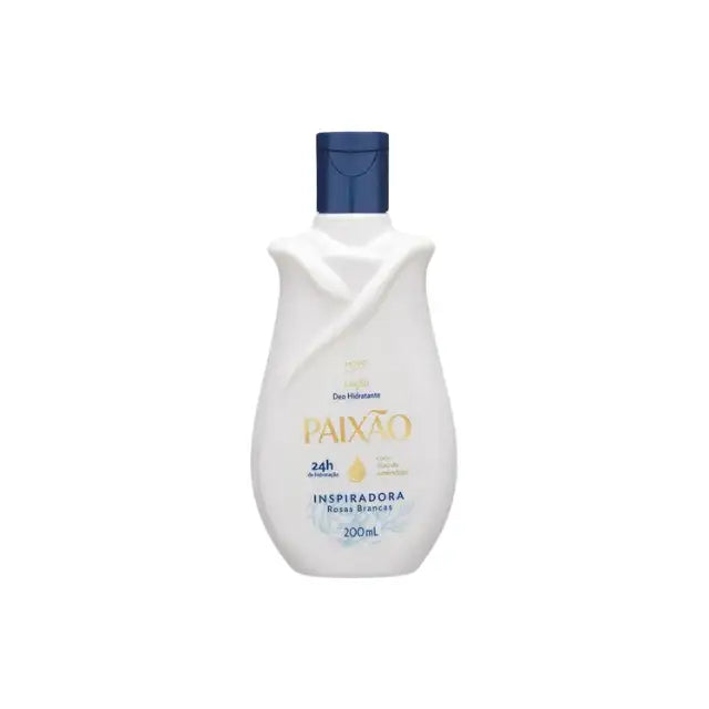 Paixao Inspiring deodorant moisturizing lotion with almond oil, 200 ml bottle, front on white background. Buy now at MKPBR.COM – Worldwide Shipping