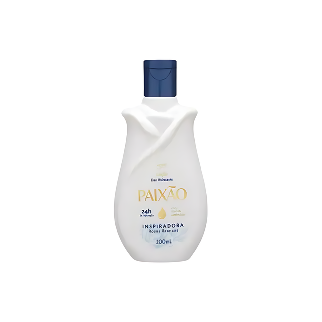 Paixao Inspiring deodorant moisturizing lotion with almond oil, 200 ml bottle, front on white background. Buy now at MKPBR.COM – Worldwide Shipping
