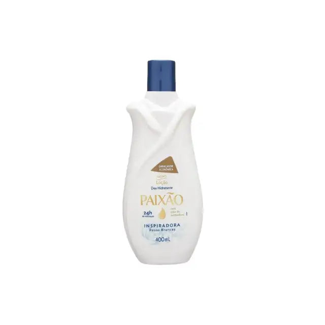 Paixao Inspiring deodorant moisturizing lotion with almond oil, 400 ml bottle, front on white background. Buy now at MKPBR.COM – Worldwide Shipping