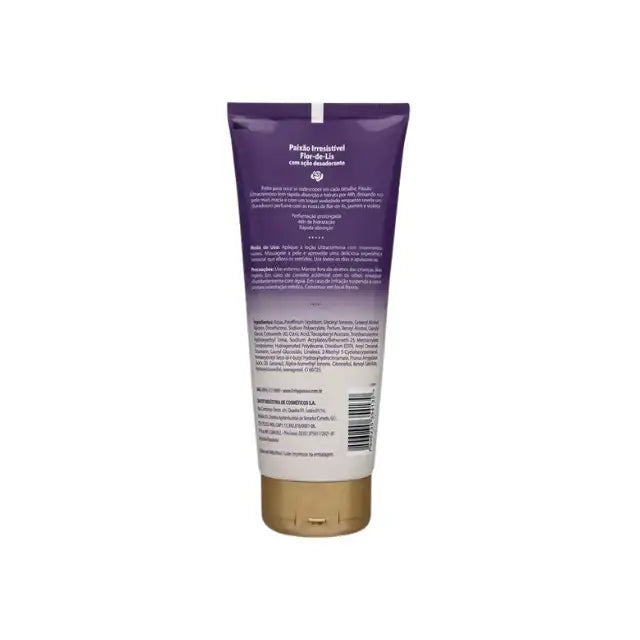 Back label of Paixão Irresistível Flor de Lis body lotion, 200 ml, showing INCI ingredients list, usage directions, and product details. Buy now at MKPBR.COM – Worldwide Shipping